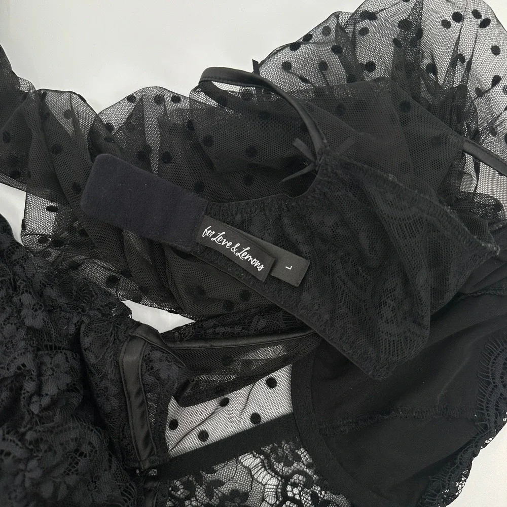 For Love & Lemons Black Lace Polka Dot Corset Sheer Ruched Mini Dress Womens L - Picture 7 of 11